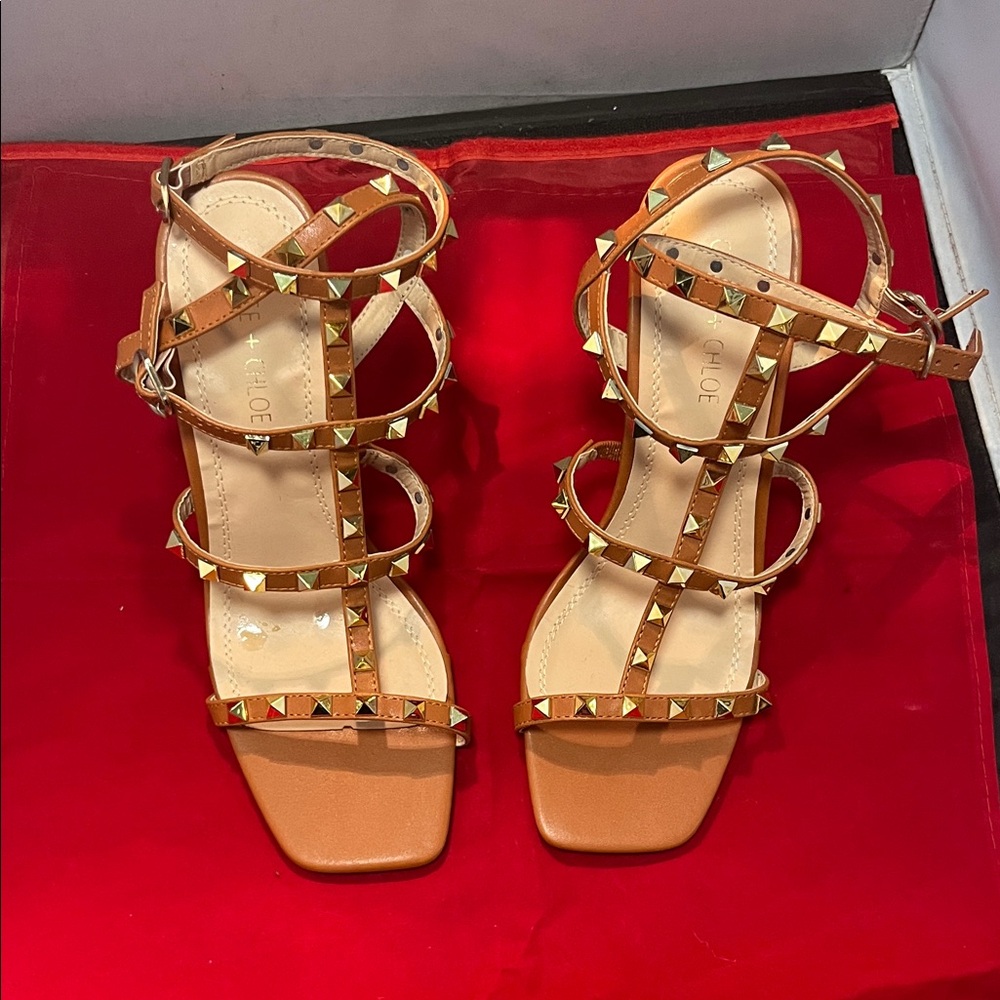 Chase + Chloe Gold and Tan Studded Sandals.
